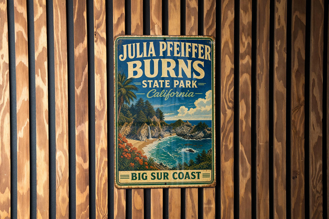 A vintage-style metal sign for Julia Pfeiffer Burns State Park in California, featuring a scenic coastal landscape with palm trees, rocky cliffs, and a body of water.