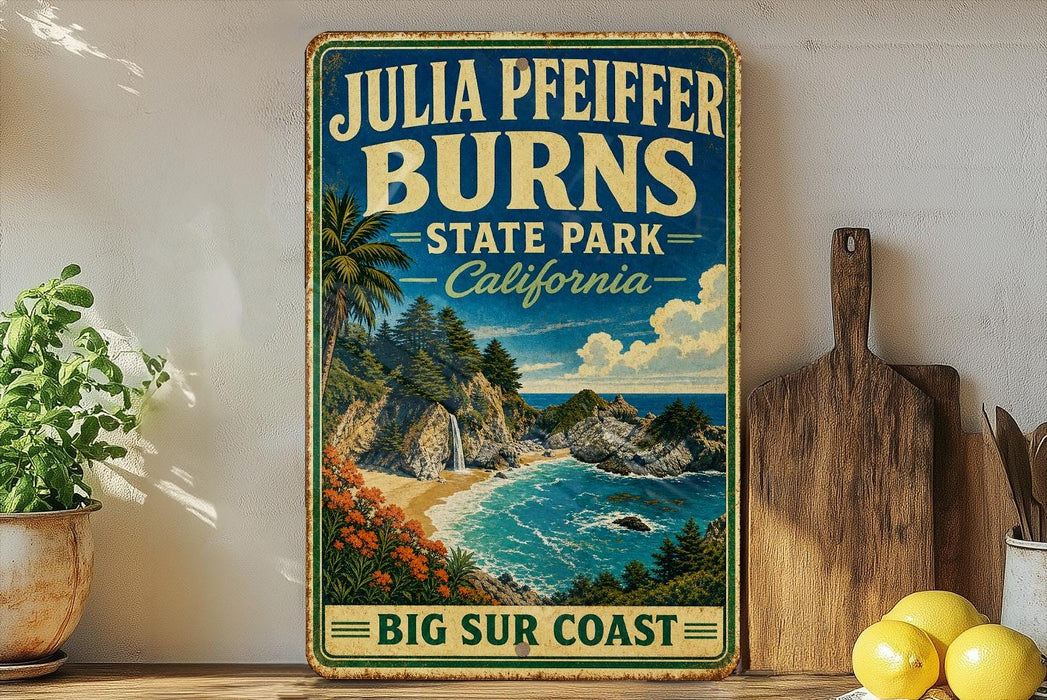 A vintage-style sign for Julia Pfeiffer Burns State Park in California, featuring a scenic coastal landscape with a waterfall and beach.