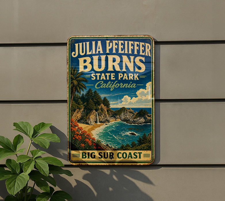A vintage-style metal sign for Julia burns State Park in California, featuring a scenic coastal landscape with palm trees, a waterfall, and a beach.