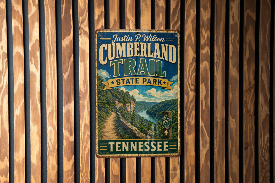 A vintage-style metal sign for the Cumberland Trail at Tennessee State Park, featuring a scenic illustration of a mountain landscape.