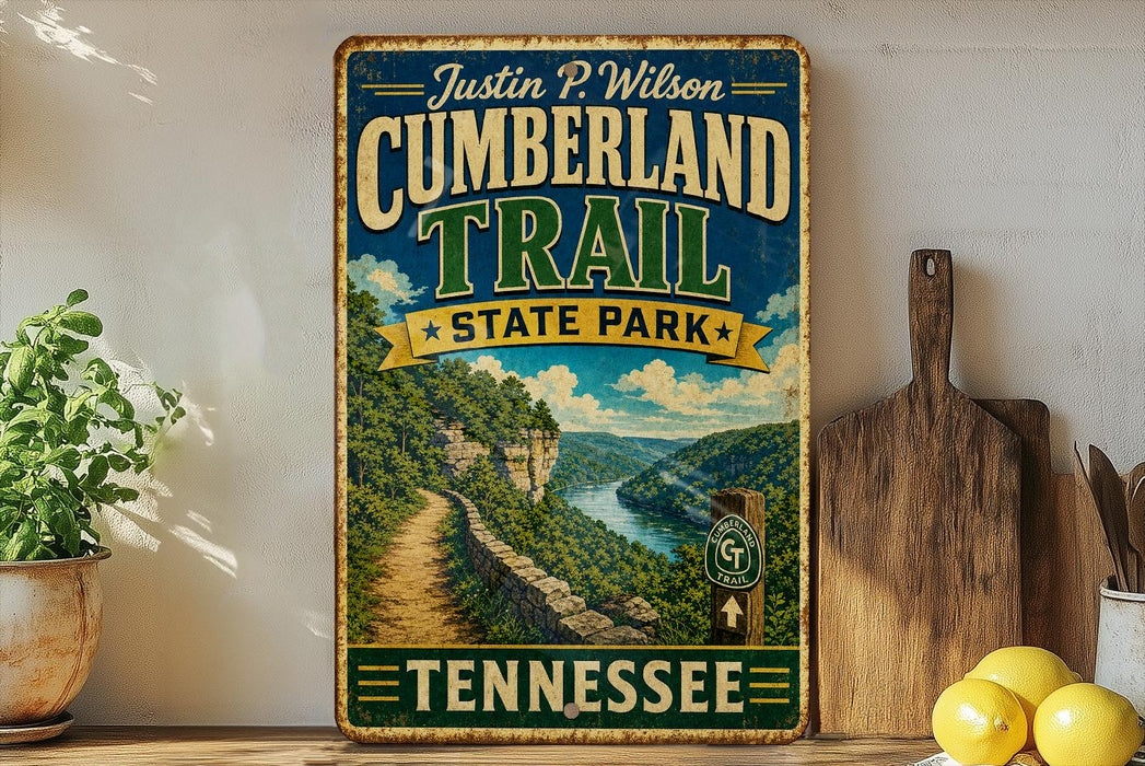 A vintage-style sign for the Cumberland Trail at Tennessee State Park, featuring a scenic mountain landscape with a winding path.