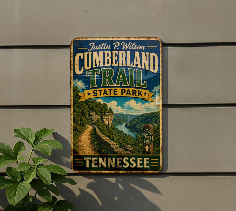 A vintage-style metal sign for the Cumberland Trail at Tennessee State Park, featuring a scenic mountain landscape and a winding trail.