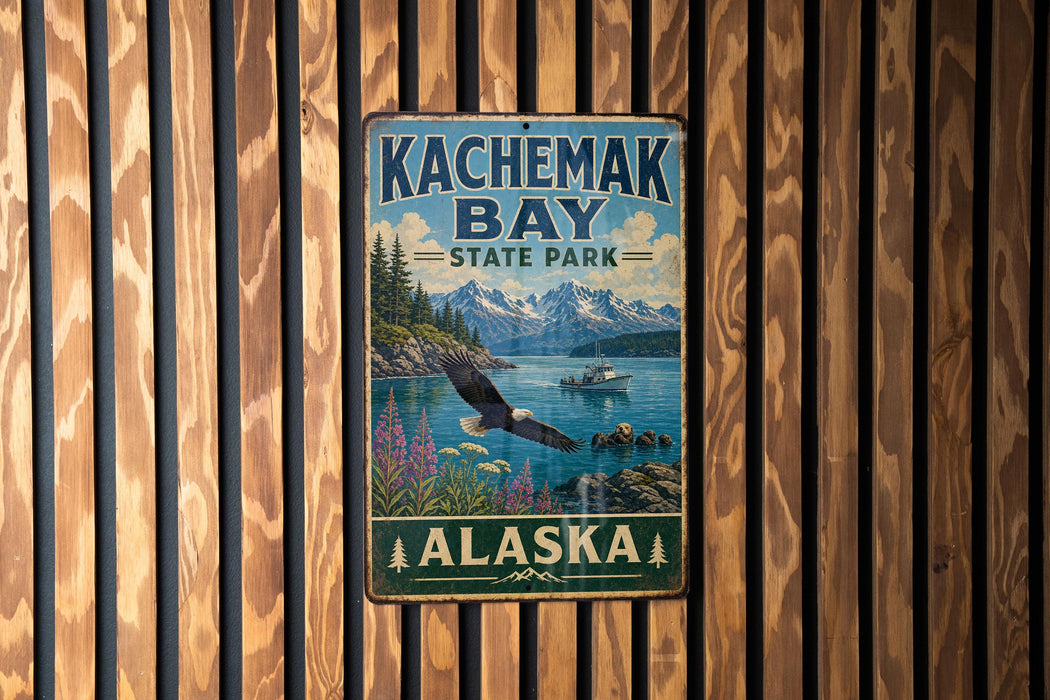 A vintage metal sign for Kachemak Bay State Park in Alaska, featuring a scenic landscape with a bald eagle, mountains, and a lake.