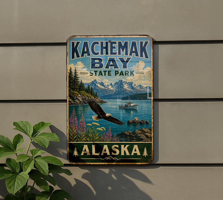 A vintage-style metal sign for Kachmak Bay State Park in Alaska, featuring a scenic landscape with mountains, a lake, and a bald eagle in flight.
