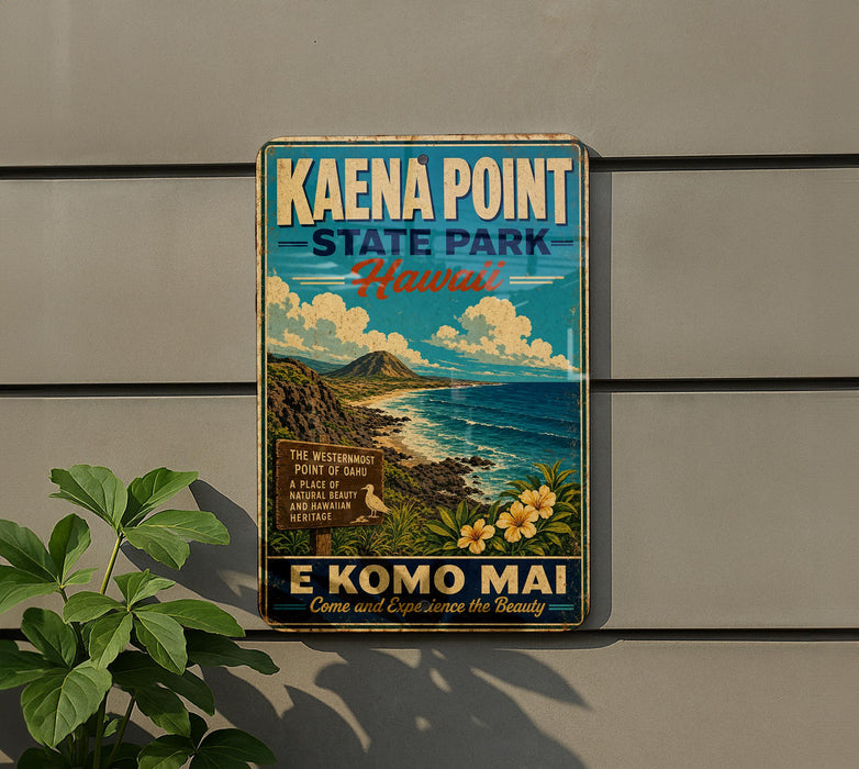A vintage-style metal sign for Kaena Point State Park in Hawaii, featuring a scenic landscape with mountains, ocean, and tropical flowers.