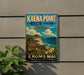 A vintage-style metal sign for Kaena Point State Park in Hawaii, featuring a scenic landscape with mountains, ocean, and tropical flowers.
