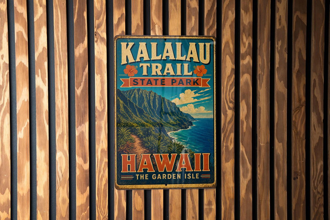 A vintage metal sign for Kalalau Trail State Park in Hawaii, featuring a scenic mountain landscape and the text "Hawaii The Garden Isle".