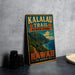 A vintage-style metal sign for Kalalau Trail State Park in Hawaii, featuring a mountainous landscape and the text "Hawaii The Garden Isle".
