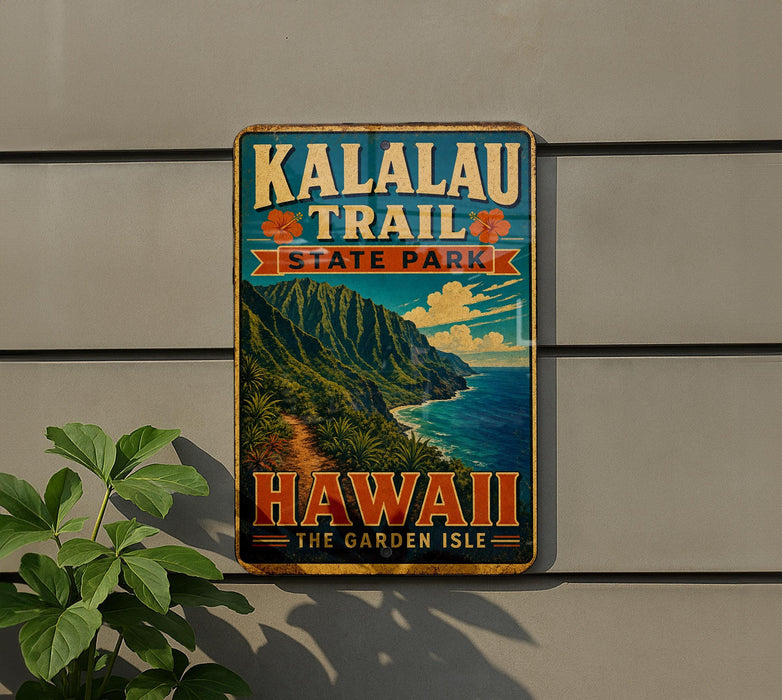 A vintage-style metal sign for the Kalalau Trail State Park in Hawaii, featuring a scenic mountain landscape and the text "Hawaii The Garden Isle".