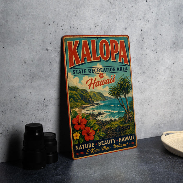 A vintage metal sign for Kalapa State Recreation Area in Hawaii, featuring a tropical beach scene with palm trees, flowers, and a blue ocean.