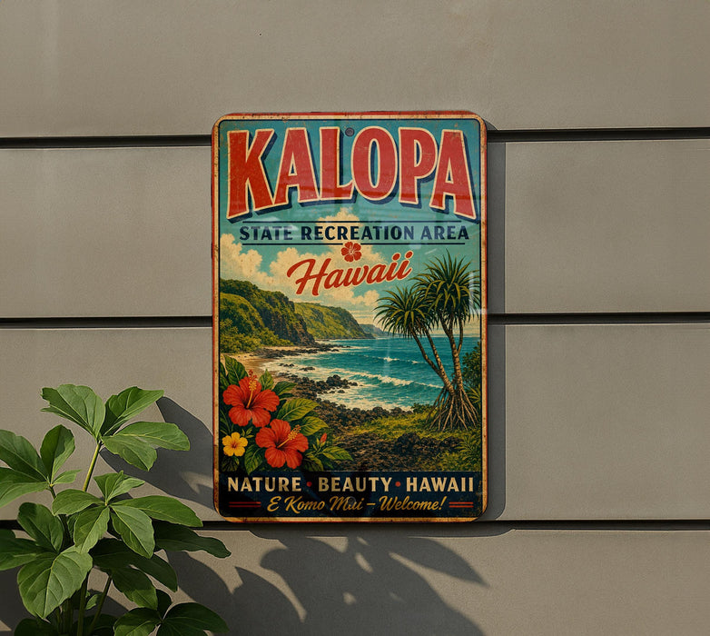 A vintage-style sign for the Kalapa State Recreation Area in Hawaii, featuring a tropical landscape with palm trees, flowers, and the ocean.