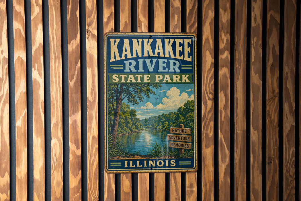 A vintage metal sign for Kankakee River State Park in Illinois, featuring a scenic illustration of the river surrounded by nature and adventure memories.