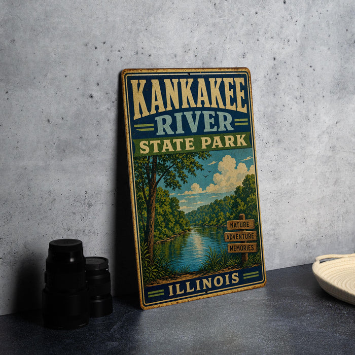 A vintage-style sign for Kankakee River State Park in Illinois, featuring a scenic illustration of the river surrounded by nature.
