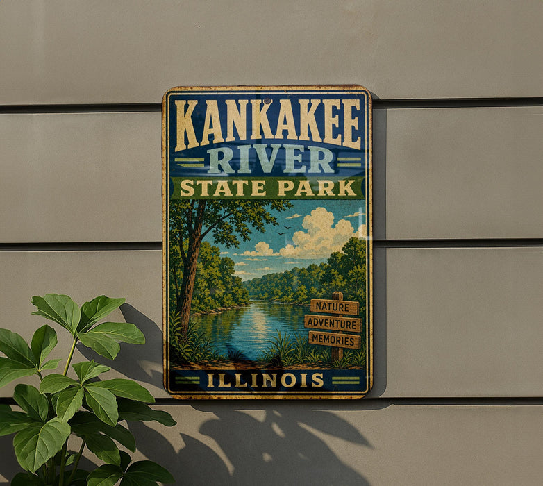 A vintage-style metal sign for Kankakee River State Park in Illinois, featuring a scenic illustration of the river surrounded by nature.