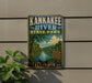 A vintage-style metal sign for Kankakee River State Park in Illinois, featuring a scenic illustration of the river surrounded by nature.