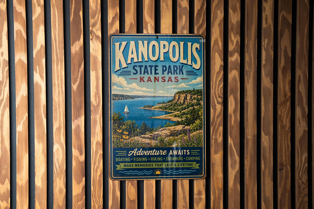 A vintage metal sign for Kanopolis State Park in Kansas, featuring a scenic landscape with a lake, mountains, and a sailboat.