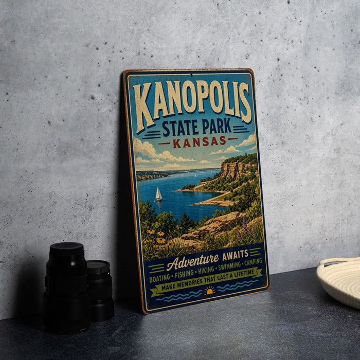 A vintage-style metal sign for Kanopolis State Park in Kansas, featuring a scenic landscape with a lake, mountains, and a sailboat.