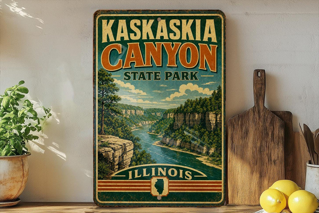 A vintage-style sign for Kaskasia Canyon State Park in Illinois, featuring a scenic illustration of the canyon landscape.