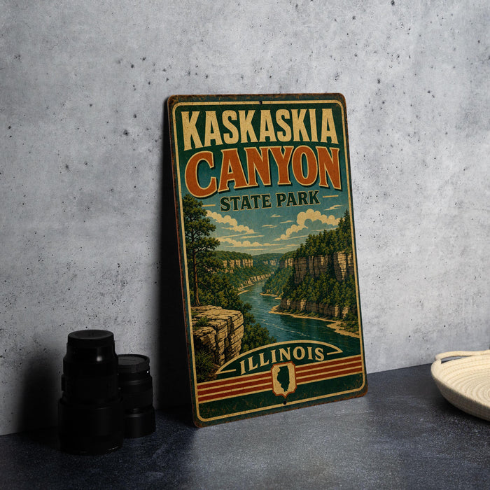 A vintage-style sign for the state park called Kaskaskia Canyon, featuring a scenic illustration of the canyon landscape.