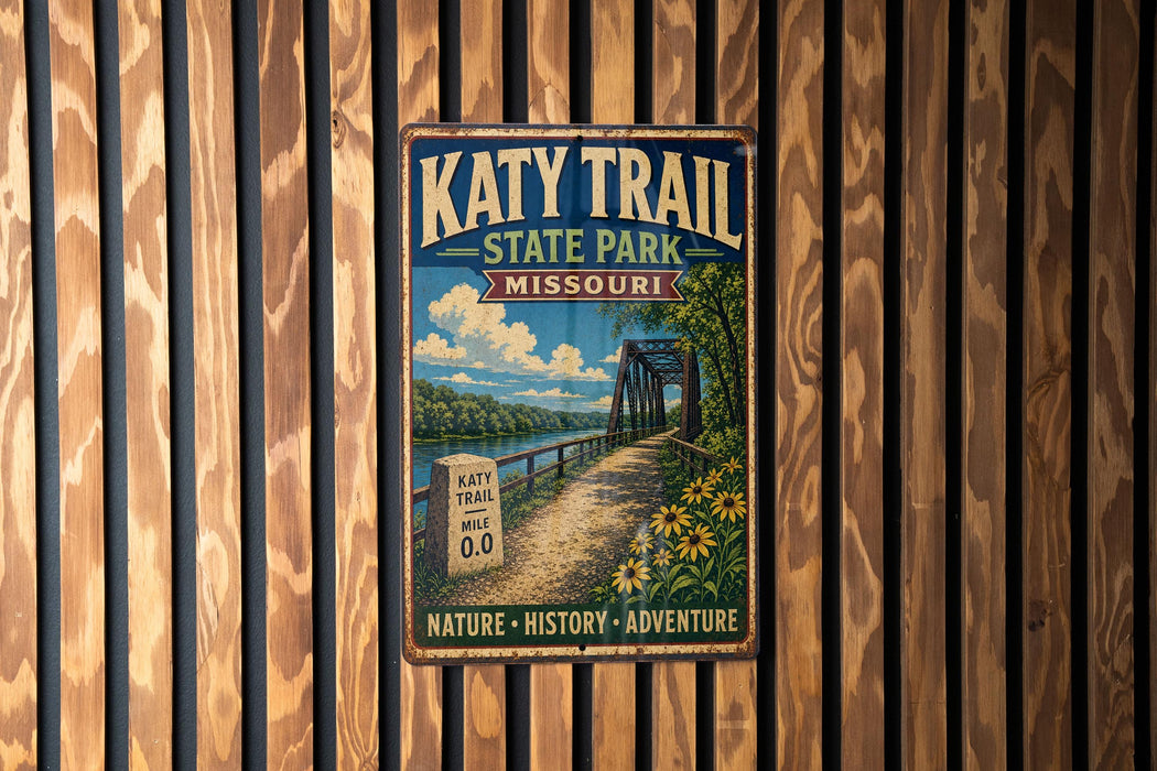 A vintage-style metal sign for the Katy Trail in Missouri, featuring a scenic illustration of a bridge over a river and a path leading through a wooded area.