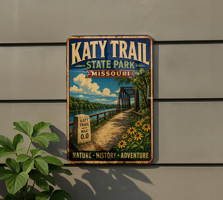 A vintage-style metal sign for Katy Trail State Park in Missouri, featuring a scenic illustration of a bridge, path, and surrounding landscape.