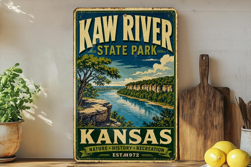 A vintage-style metal sign for Kaw River State Park in Kansas, featuring a scenic landscape with a river, trees, and mountains.