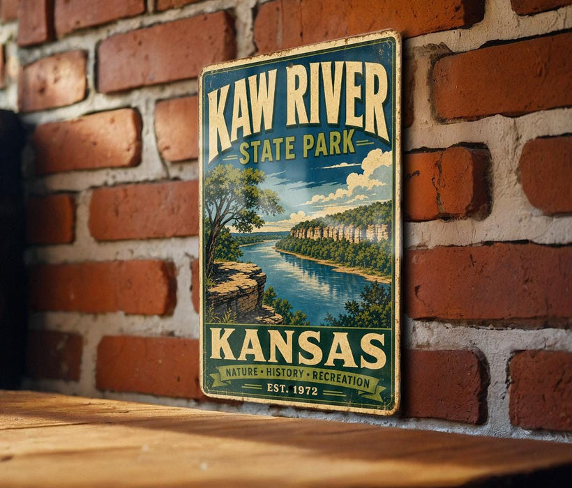 A vintage metal sign for Kaw River State Park in Kansas, featuring a scenic illustration of the park's natural and historical attractions.