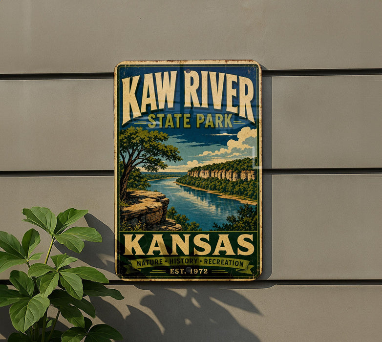 A vintage metal sign for Kaw River State Park in Kansas, featuring a scenic landscape with a river and trees.