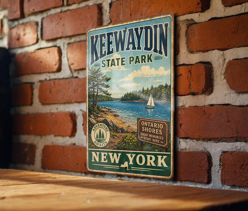 A vintage metal sign for Kewaydin State Park, featuring a scenic illustration of a lake, mountains, and a sailboat, mounted on a brick wall.