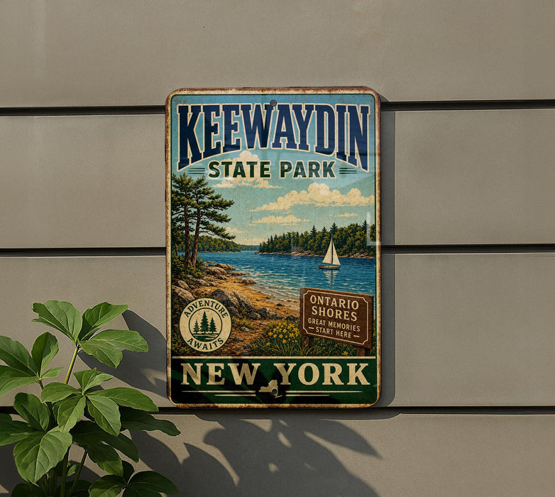 A vintage-style metal sign for Keeawayin State Park, New York, featuring a scenic landscape with a lake, pine trees, and a sailboat.