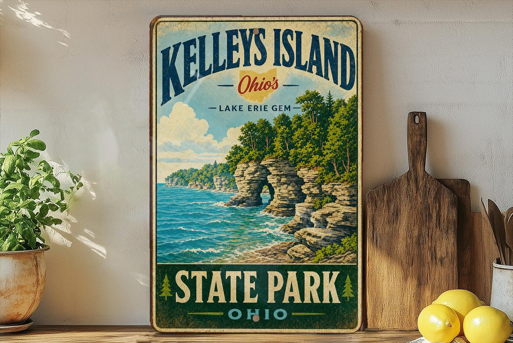 A vintage-style metal sign for Kelley's Island, Ohio, featuring a scenic landscape with a lake and rocky cliffs.