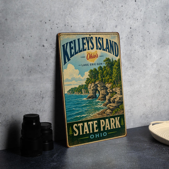 A vintage-style metal sign for Kelley's Island State Park in Ohio, featuring a scenic illustration of the lake and surrounding landscape.