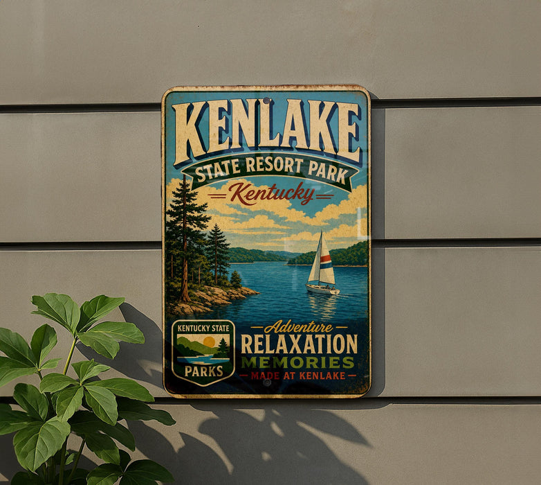 A vintage-style sign for the State Resort Park in Kentucky, featuring a scenic image of a lake with a sailboat and trees.