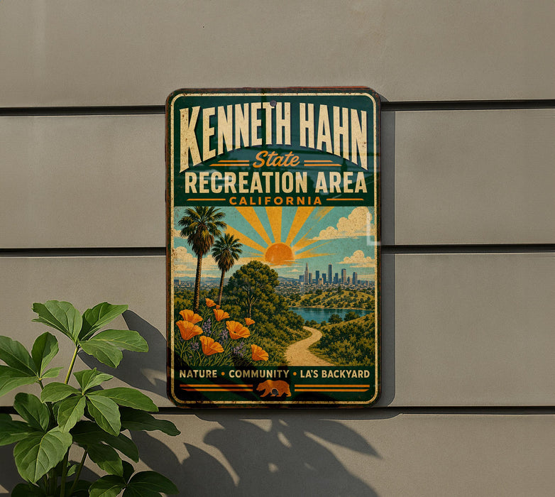 A vintage-style sign for the Kenneth Hahn State Recreation Area in California, featuring a scenic landscape with palm trees, flowers, and a city skyline in the background.