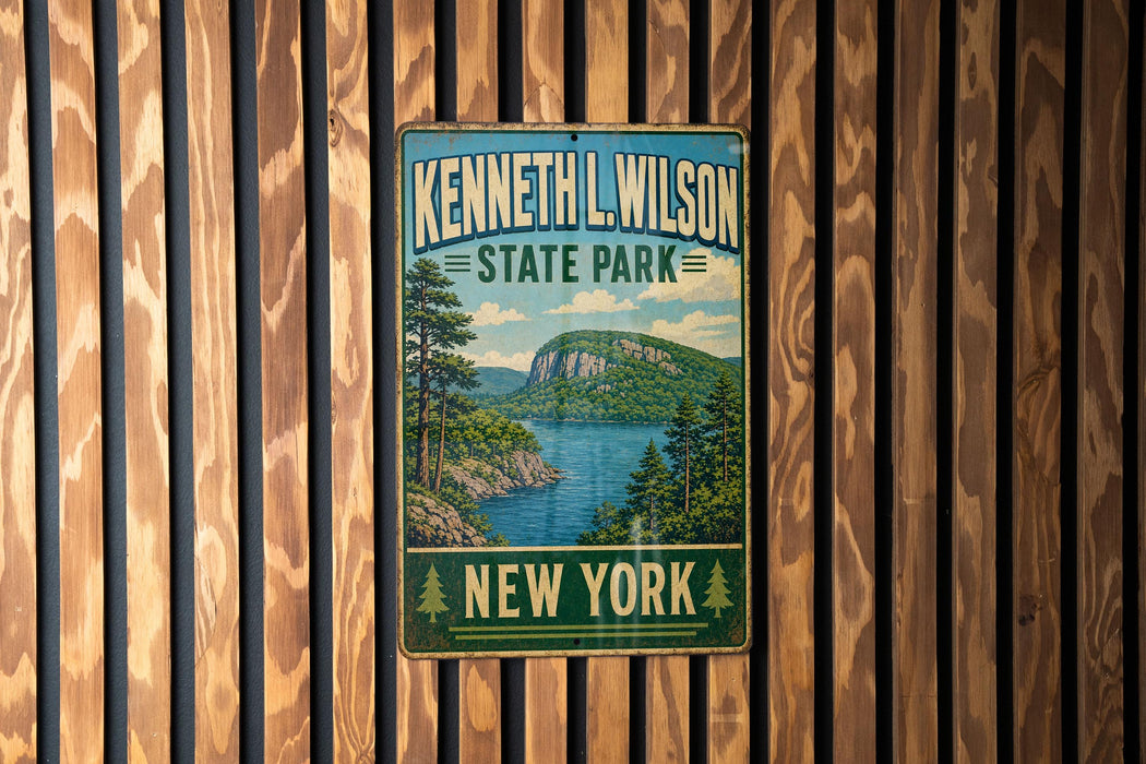A vintage metal sign for Kenneth L. Wilson State Park in New York, featuring a scenic landscape with a lake and mountains.