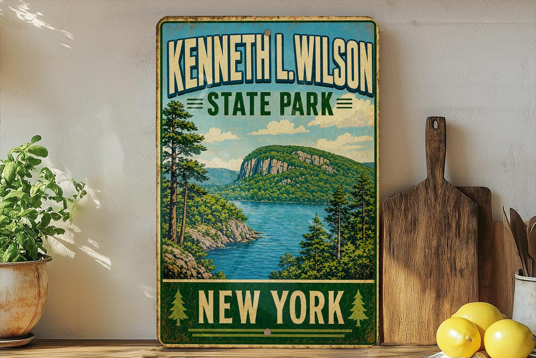 A vintage-style sign for Kenneth L. Wilson State Park in New York, featuring a scenic landscape with a lake and mountains.