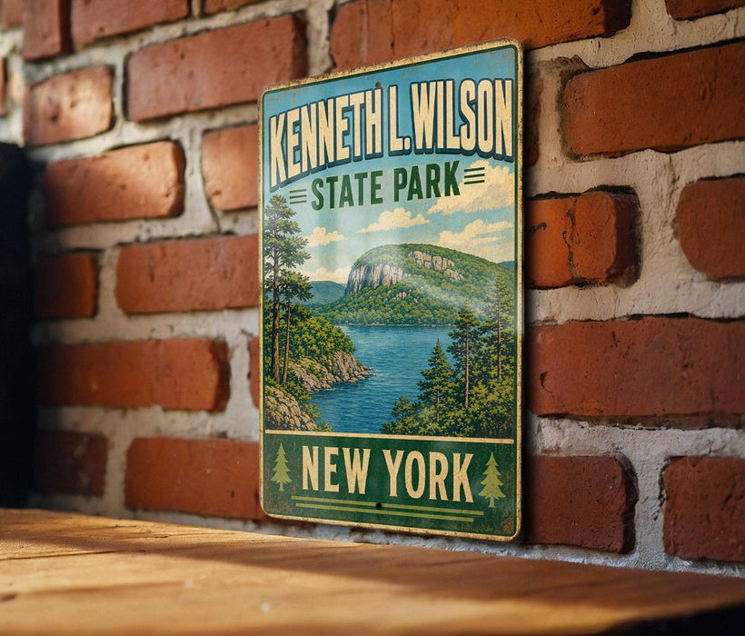 A vintage-style metal sign for Kenneth L. Wilson State Park in New York, featuring a scenic landscape with a lake and mountains.