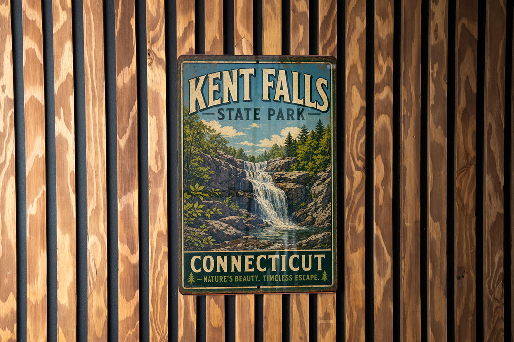 A vintage metal sign for Kent Falls State Park in Connecticut, featuring a waterfall surrounded by trees and a forested landscape.