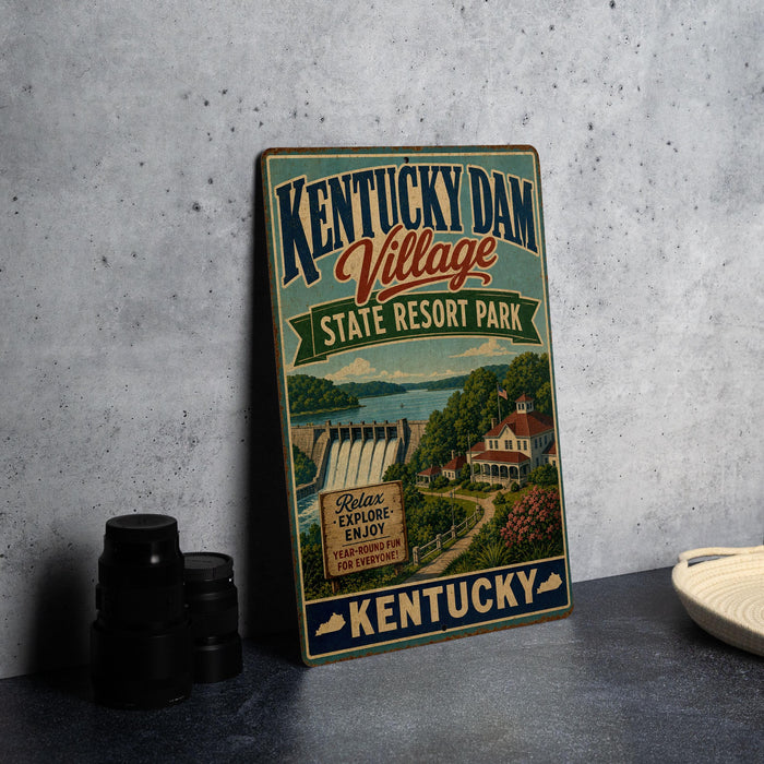 A vintage-style metal sign for Kentucky Village State Resort Park, featuring a scenic illustration of the park and its surroundings.