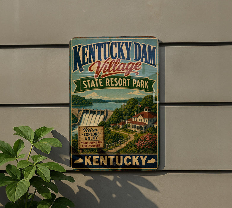 A vintage-style sign for Kentucky Village State Resort Park, featuring a scenic illustration of the park and its surroundings.
