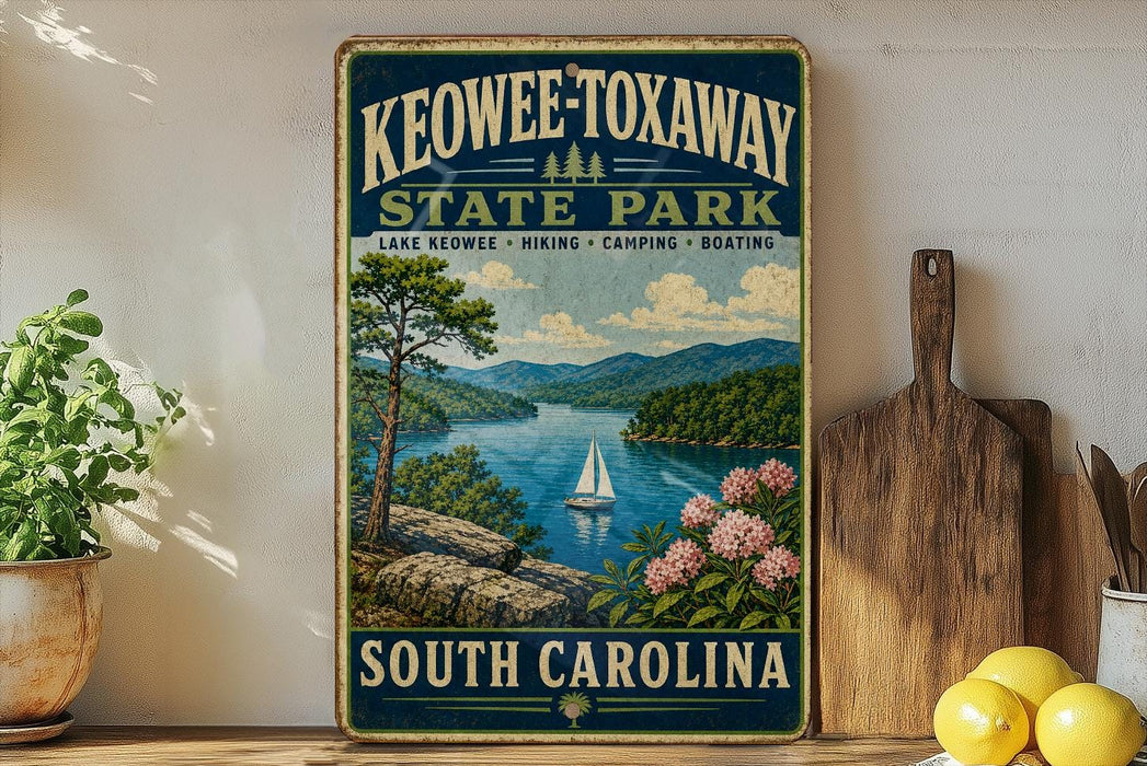 A vintage-style sign for Keowee-Toxaway State Park, featuring a scenic landscape with a lake, mountains, and a sailboat.