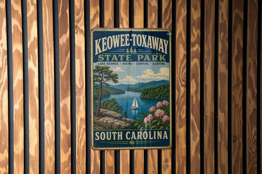 A vintage metal sign for Keowee-Toxaway State Park, featuring a scenic landscape with a lake, mountains, and a sailboat.