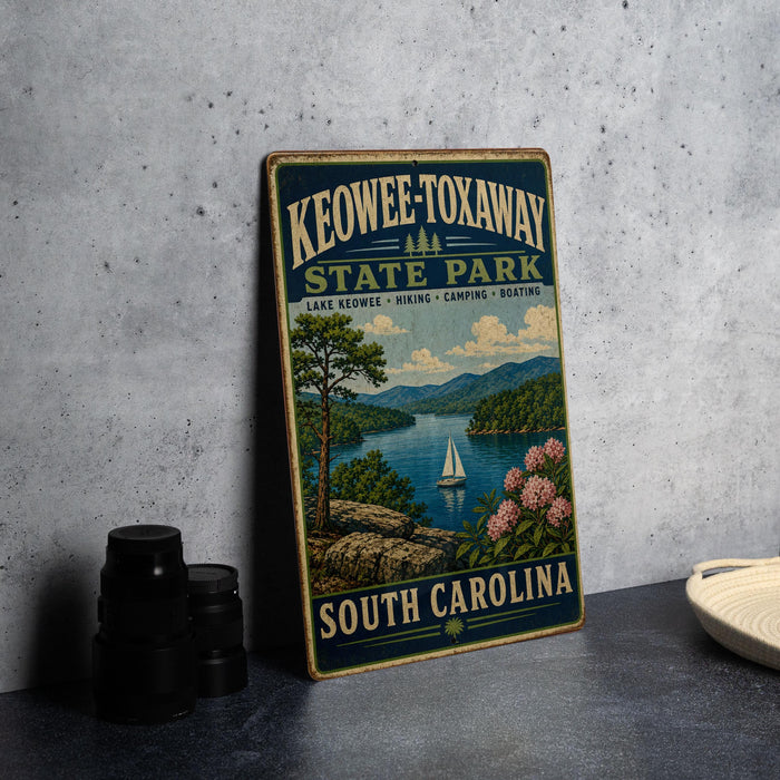 A vintage-style sign for Keowee-Toxaway State Park, featuring a scenic landscape with a lake, mountains, and a sailboat.