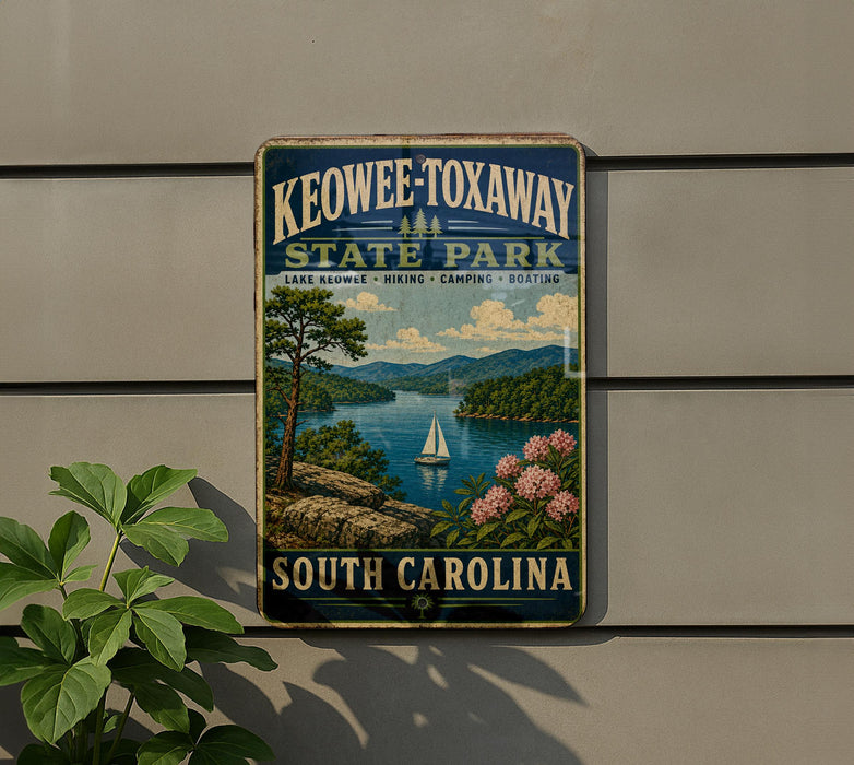 A vintage-style metal sign for Keowee-Toxaway State Park, featuring a scenic landscape with a lake, mountains, and a sailboat.