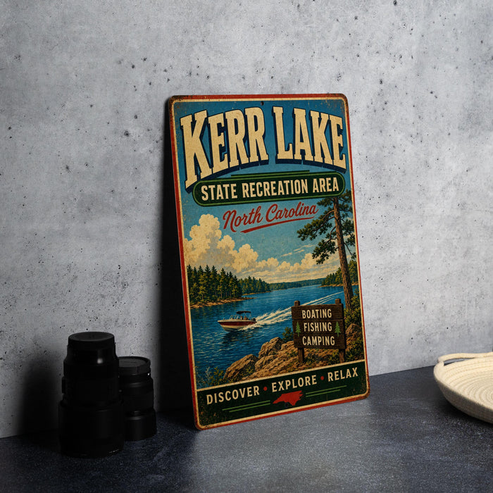 A vintage-style metal sign for Kerr Lake, North Carolina, featuring a scenic landscape with a lake, mountains, and a boat.