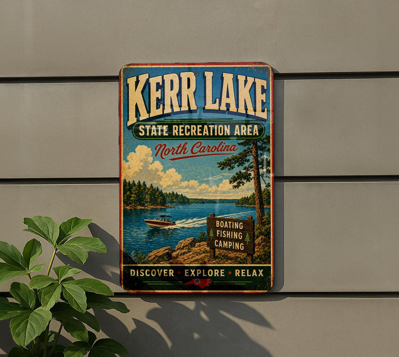 A vintage-style metal sign for Kerr Lake, North Carolina, featuring a scenic image of a lake, boat, and forest.