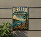 A vintage-style metal sign for Kerr Lake, North Carolina, featuring a scenic image of a lake, boat, and forest.