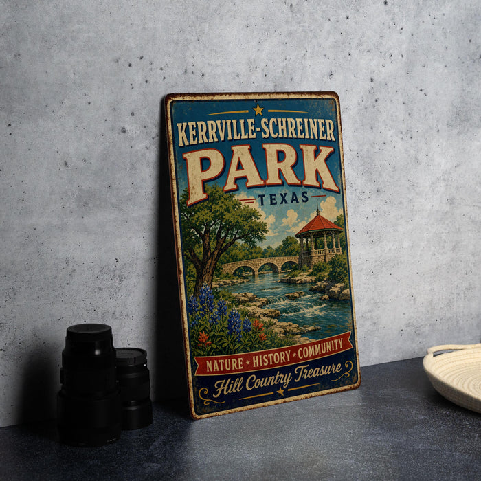 A vintage metal sign for Kerrville-Schreiner Park, Texas, featuring a scenic illustration of a park with a river, bridge, and trees.