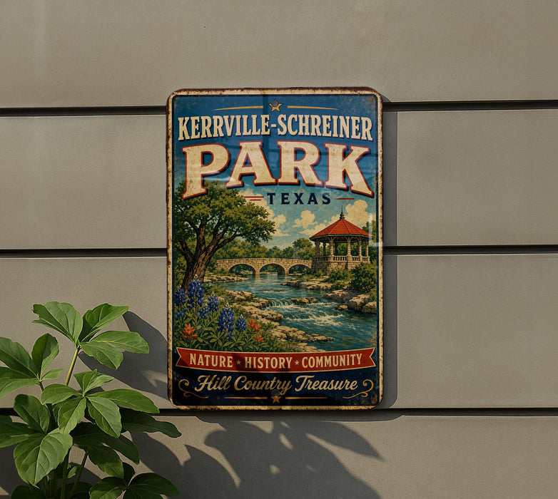 A vintage metal sign for Kerrville-Schreiner Park in Texas, featuring a scenic illustration of a river, bridge, and surrounding landscape.