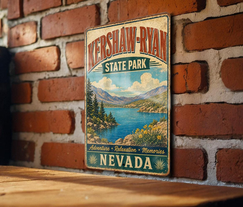 A vintage metal sign for Kershaw-Ryan State Park in Nevada, featuring a scenic landscape with mountains, a lake, and pine trees.